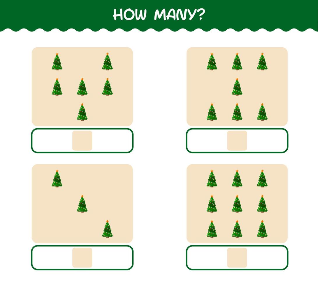 How many cartoon christmas tree. Counting game. Educational game for pre shool years kids and toddlers vector