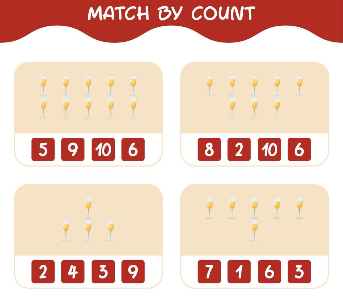 Match by count of cartoon champagne glass. Match and count game. Educational game for pre shool years kids and toddlers vector