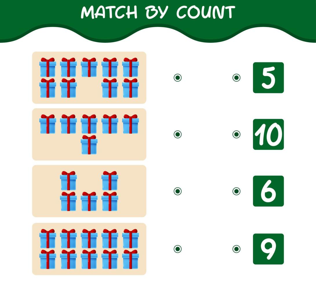 Match by count of cartoon gift box. Match and count game. Educational game for pre shool years kids and toddlers vector