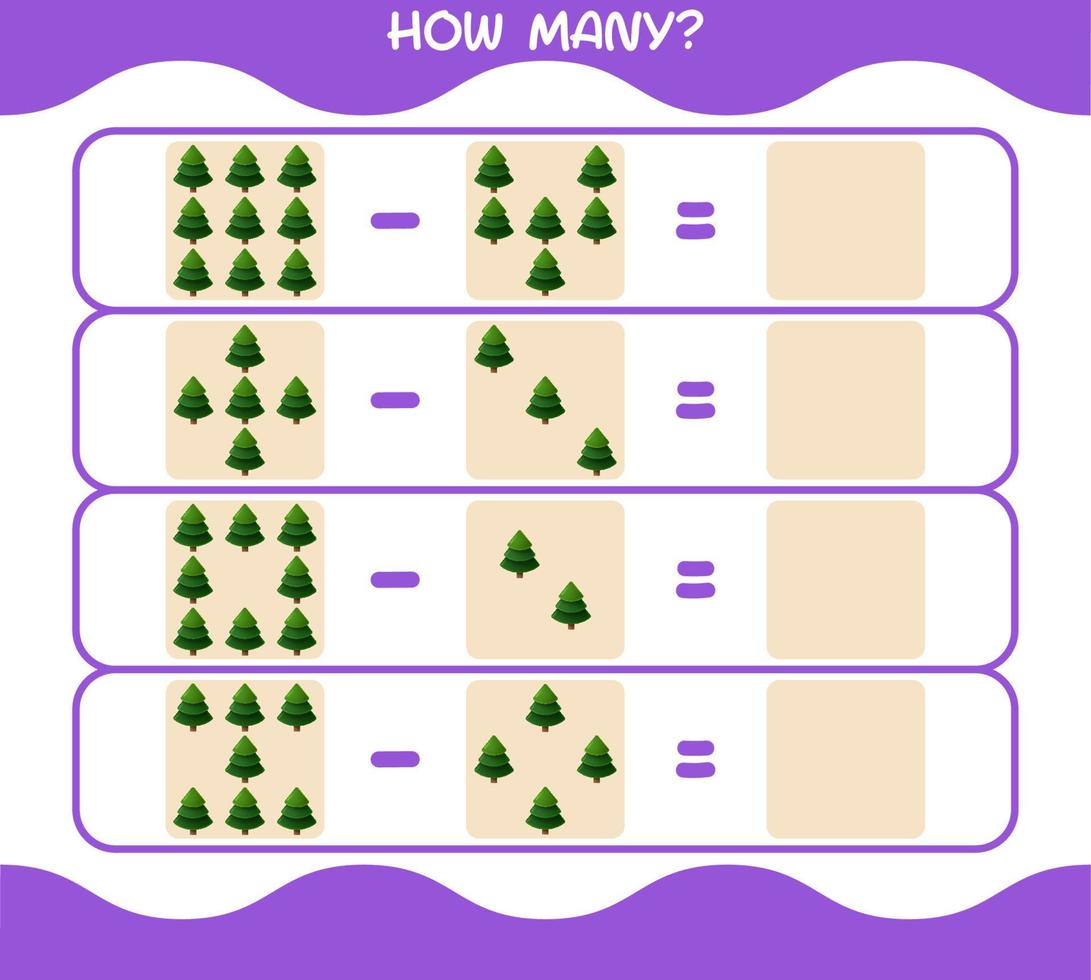 How many cartoon pine tree. Counting game. Educational game for pre shool years kids and toddlers vector