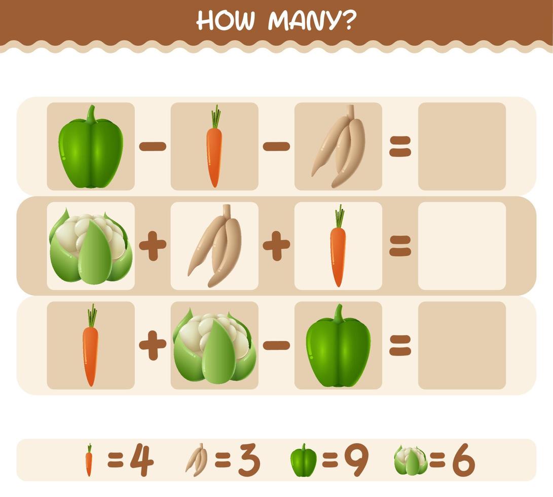 How many cartoon vegetables. Counting game. Educational game for pre shool years kids and toddlers vector