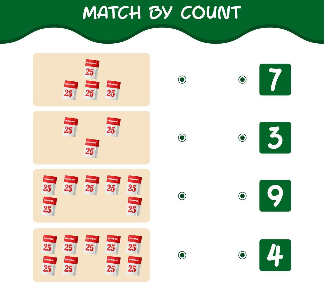 Match by count of cartoon calendar. Match and count game. Educational game for pre shool years kids and toddlers vector