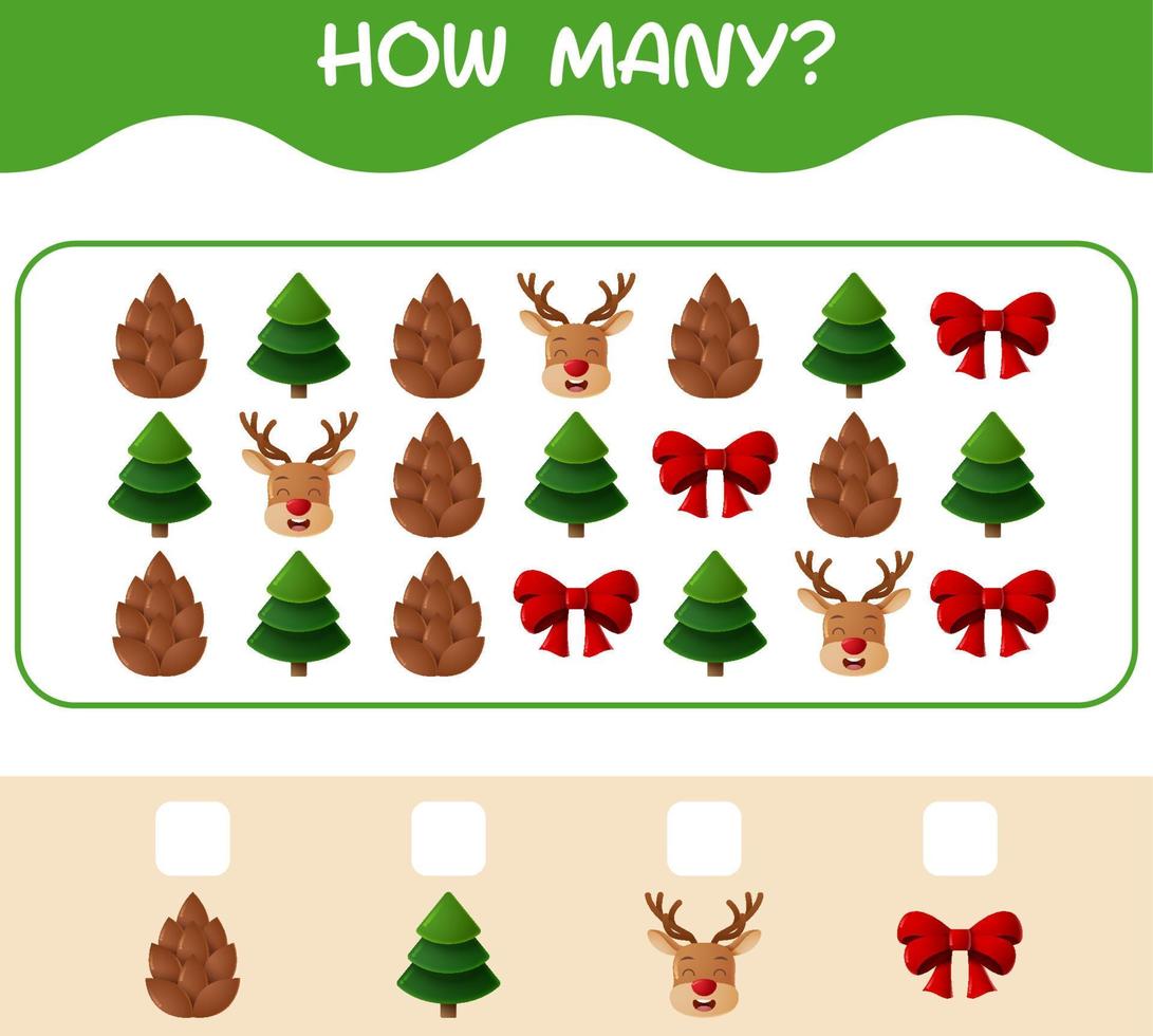 How many cartoon christmas. Counting game. Educational game for pre shool years kids and toddlers vector