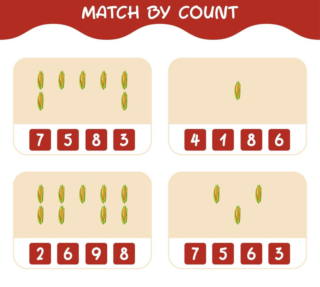 Match by count of cartoon corn. Match and count game. Educational game for pre shool years kids and toddlers vector