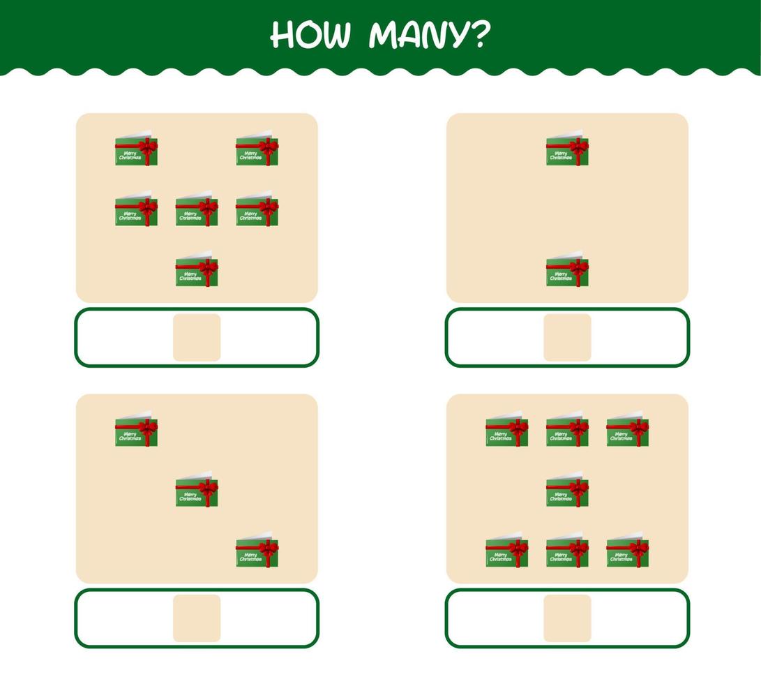 How many cartoon christmas card. Counting game. Educational game for pre shool years kids and toddlers vector