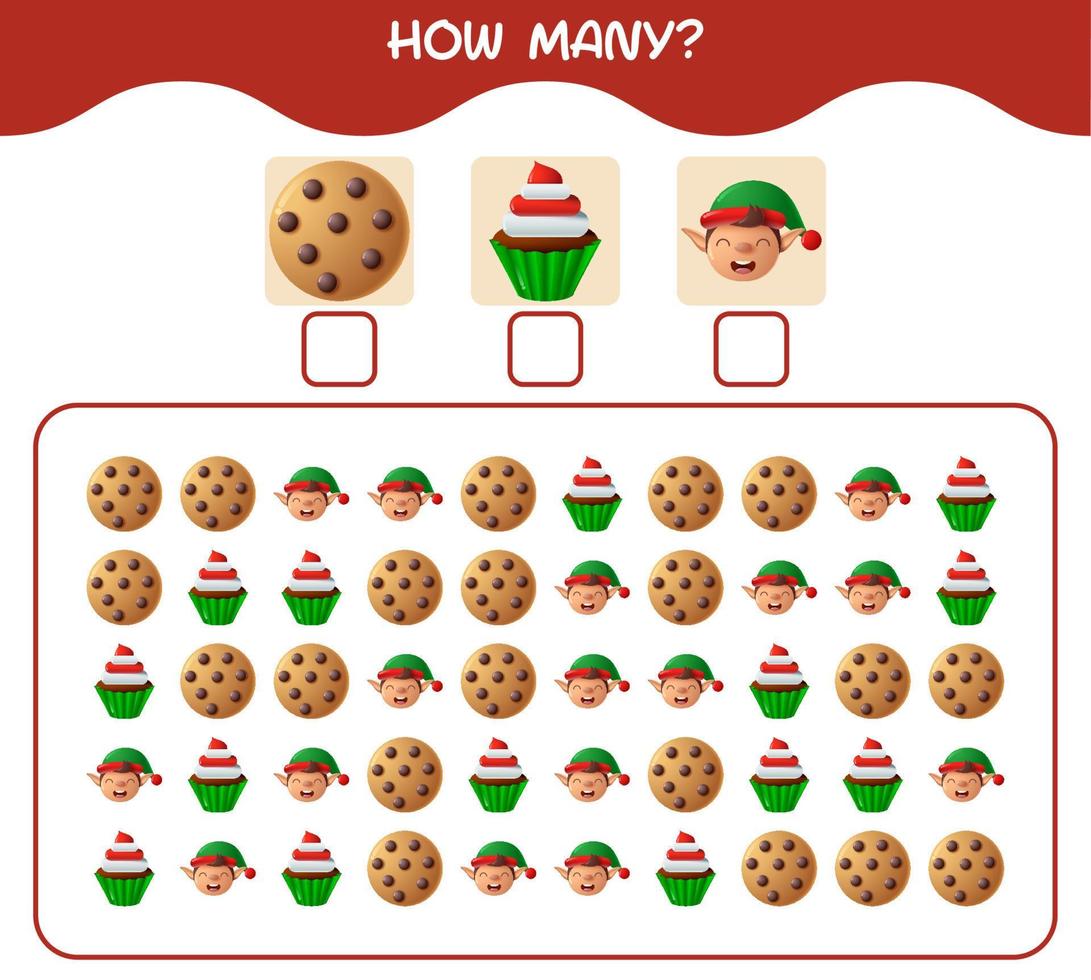 How many cartoon christmas. Counting game. Educational game for pre shool years kids and toddlers vector