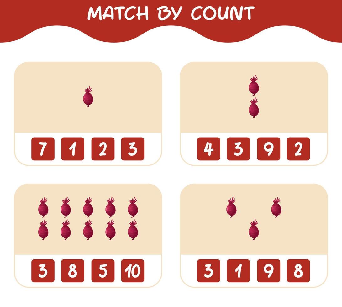 Match by count of cartoon beet. Match and count game. Educational game for pre shool years kids and toddlers vector