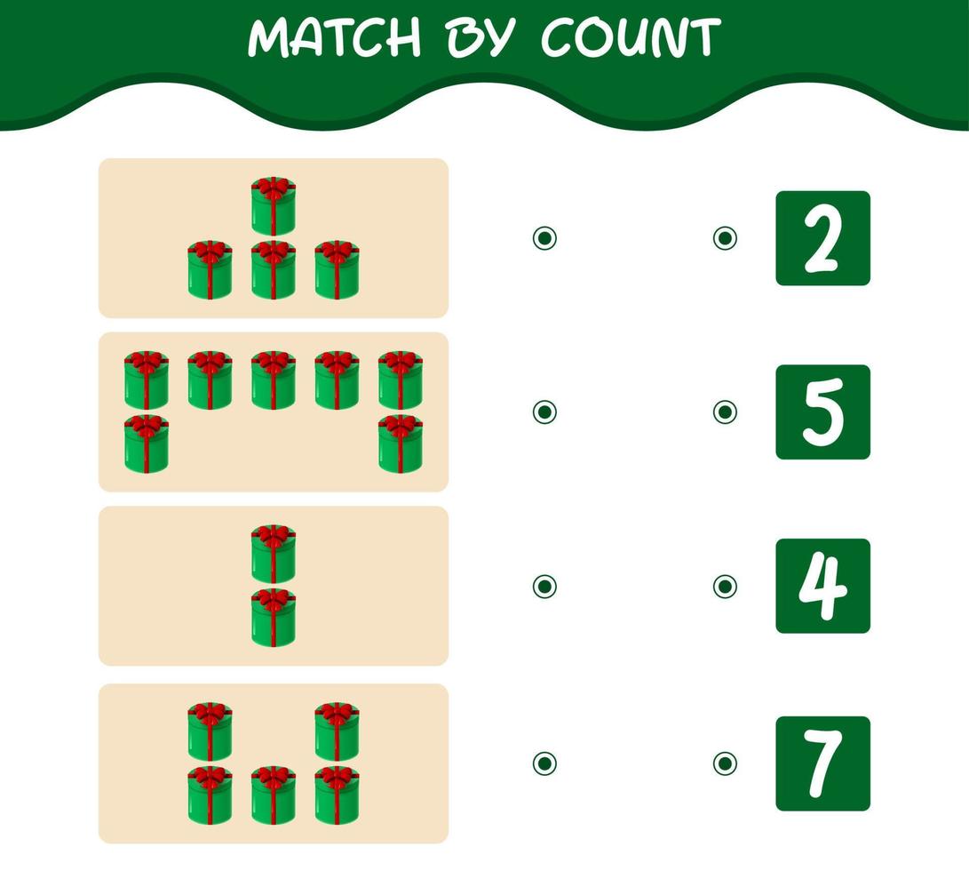 Match by count of cartoon gift box. Match and count game. Educational game for pre shool years kids and toddlers vector