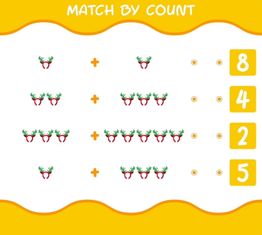 Match by count of cartoon antlers headband. Match and count game. Educational game for pre shool years kids and toddlers vector