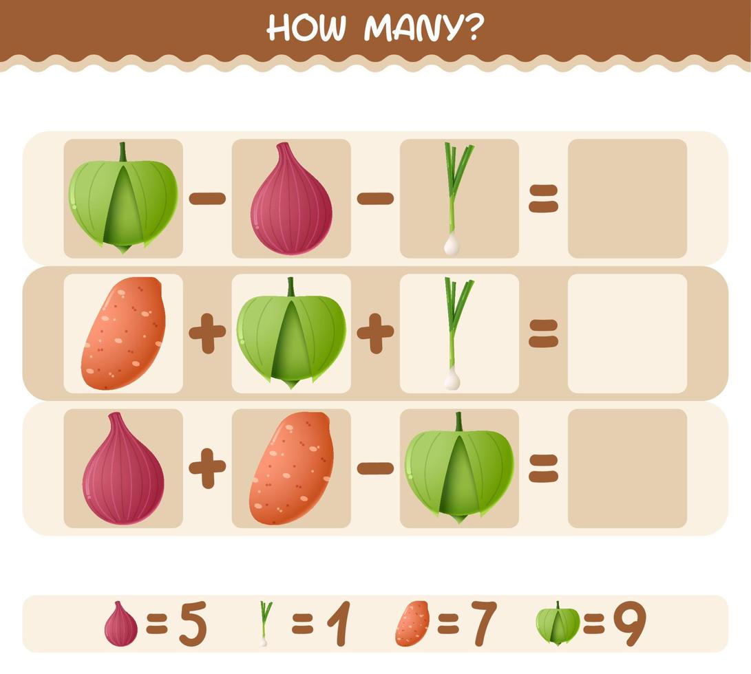 How many cartoon vegetables. Counting game. Educational game for pre shool years kids and toddlers vector