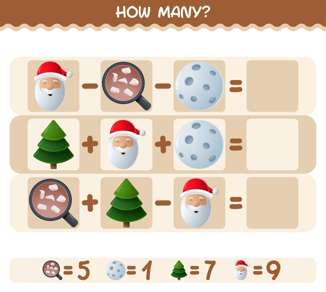How many cartoon christmas. Counting game. Educational game for pre shool years kids and toddlers vector