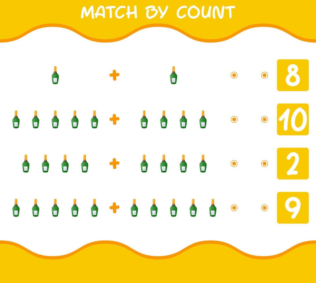 Match by count of cartoon champagne bottle. Match and count game. Educational game for pre shool years kids and toddlers vector