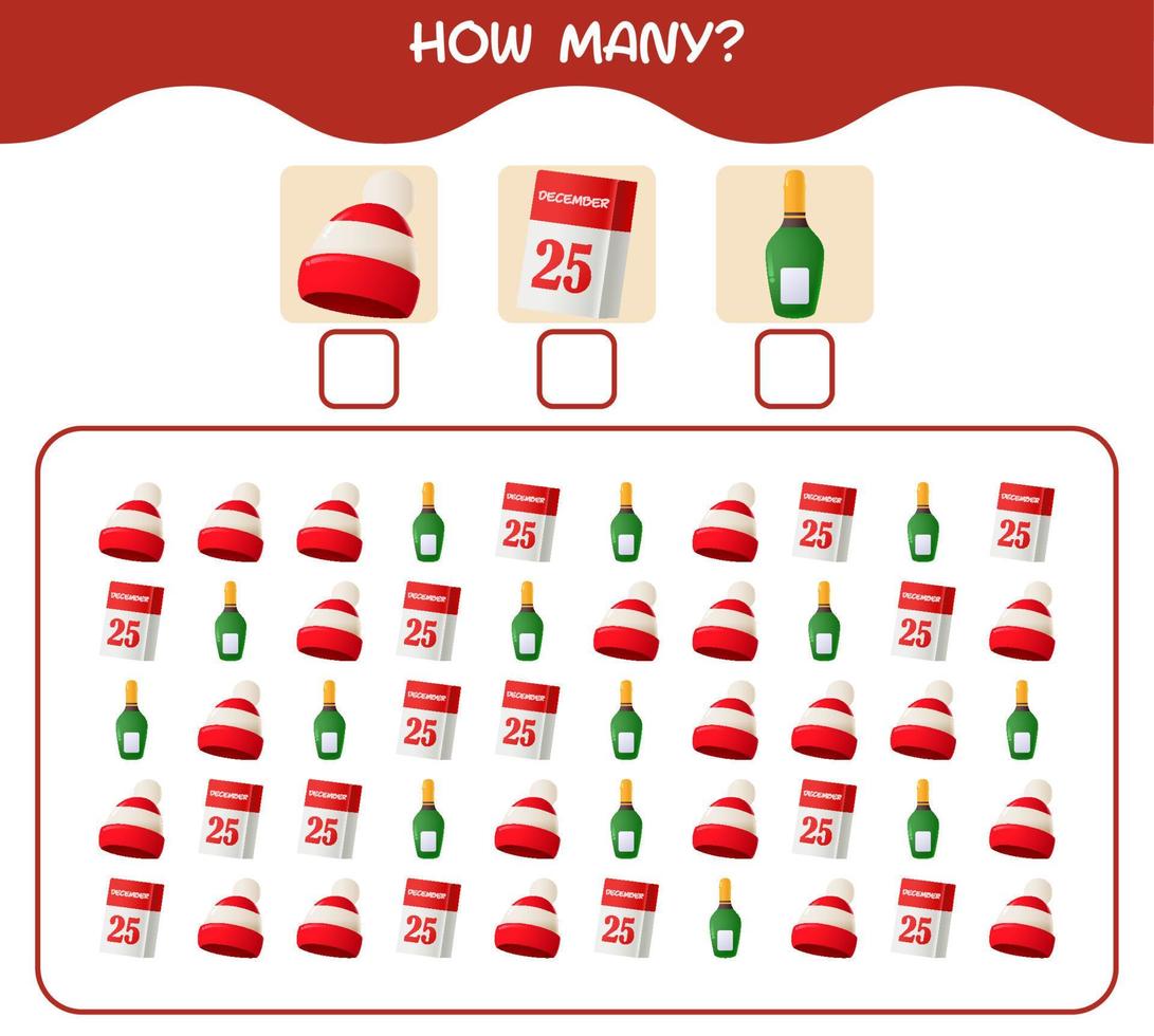 How many cartoon christmas. Counting game. Educational game for pre shool years kids and toddlers vector