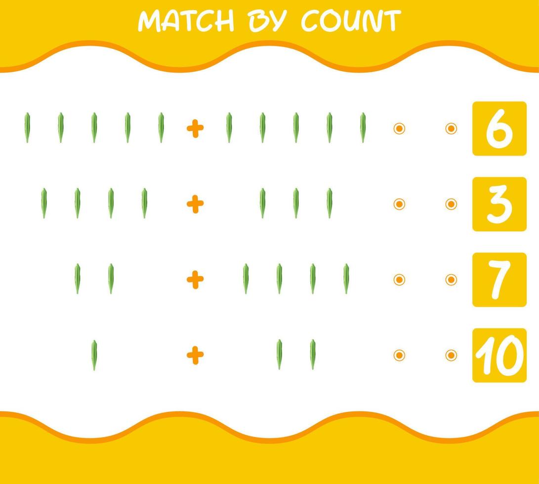 Match by count of cartoon okra. Match and count game. Educational game for pre shool years kids and toddlers vector