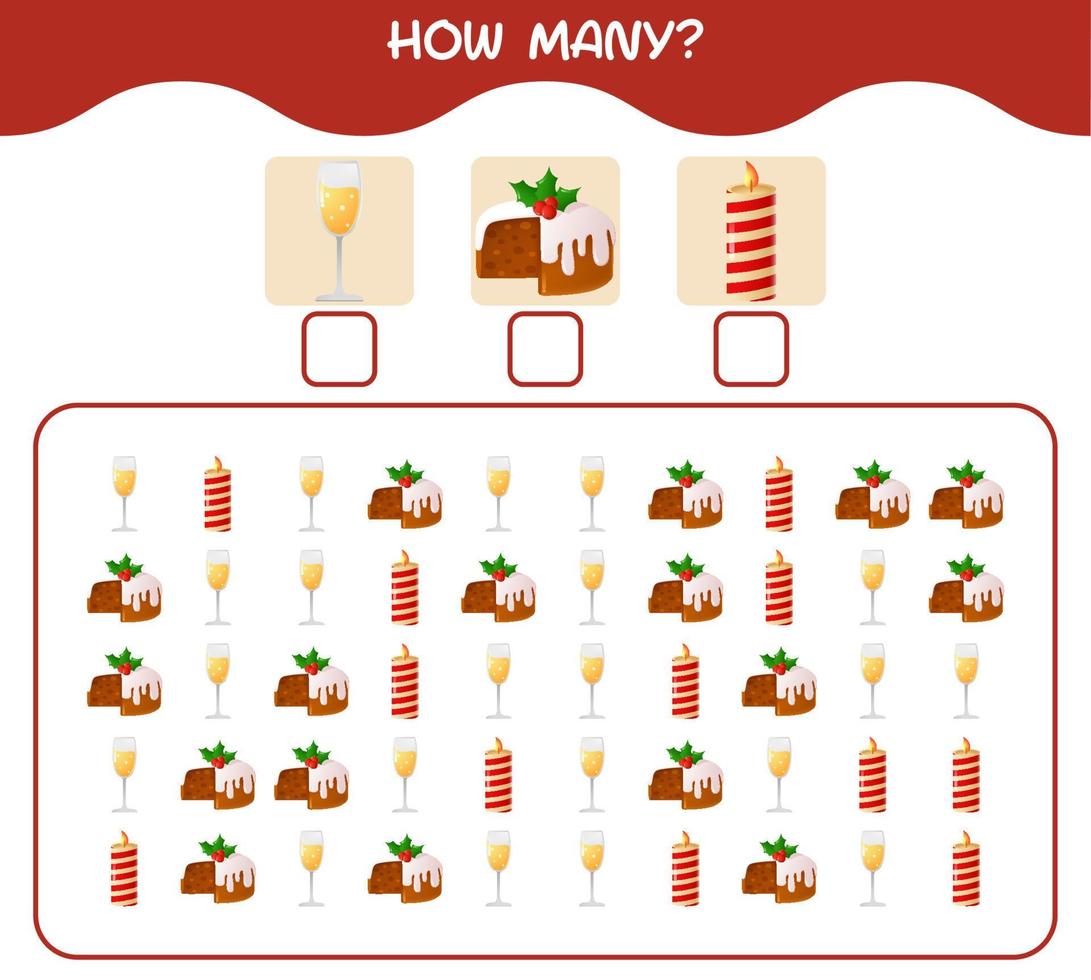 How many cartoon christmas. Counting game. Educational game for pre shool years kids and toddlers vector