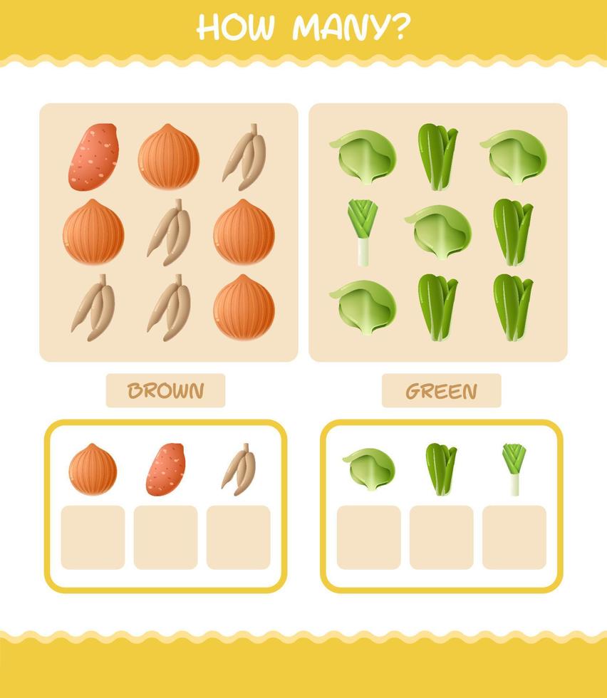 cuántas verduras de dibujos animados. juego de conteo juego educativo para niños de edad preescolar y niños pequeños vector