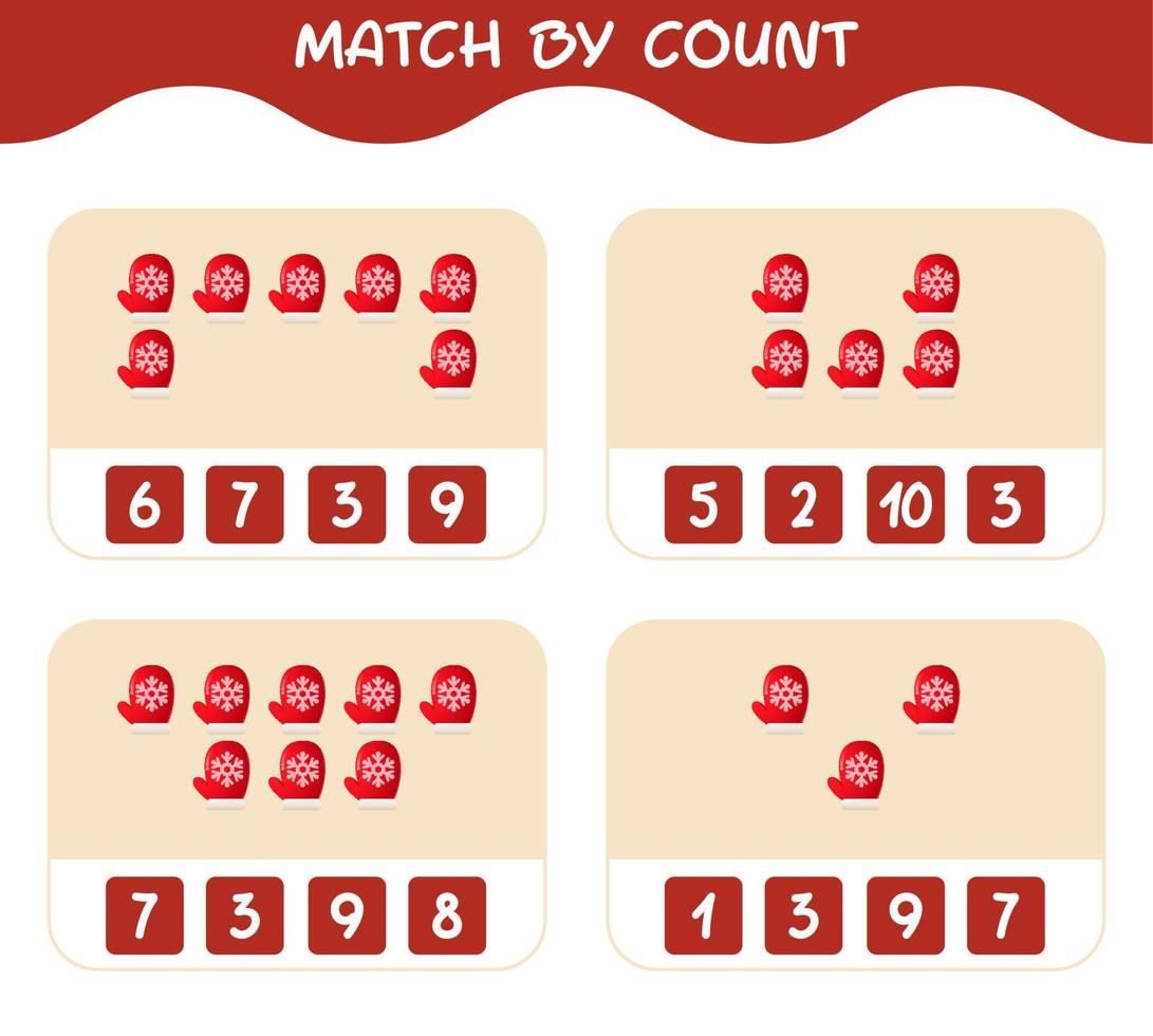 Match by count of cartoon mitten. Match and count game. Educational game for pre shool years kids and toddlers vector