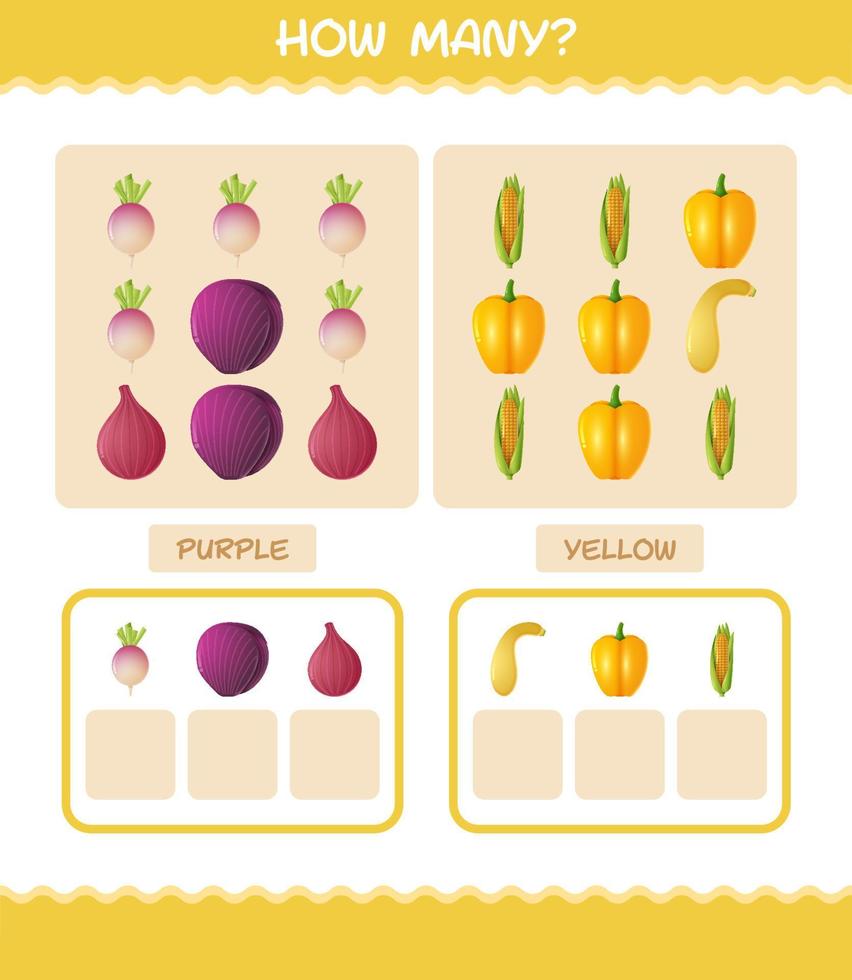 cuántas verduras de dibujos animados. juego de conteo juego educativo para niños de edad preescolar y niños pequeños vector