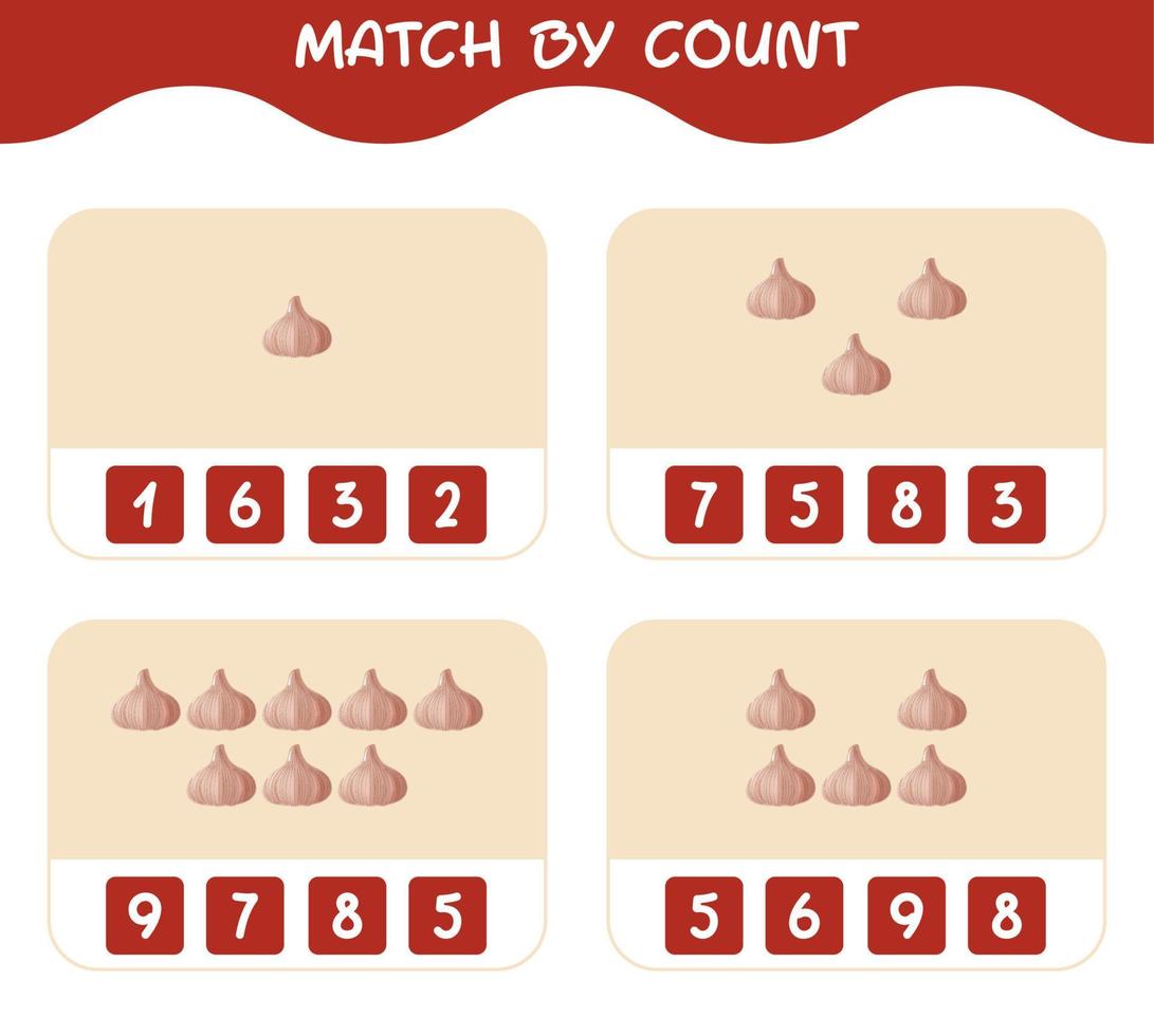 Match by count of cartoon garlic. Match and count game. Educational game for pre shool years kids and toddlers vector