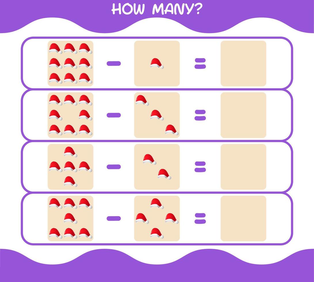 How many cartoon santa hat. Counting game. Educational game for pre shool years kids and toddlers vector