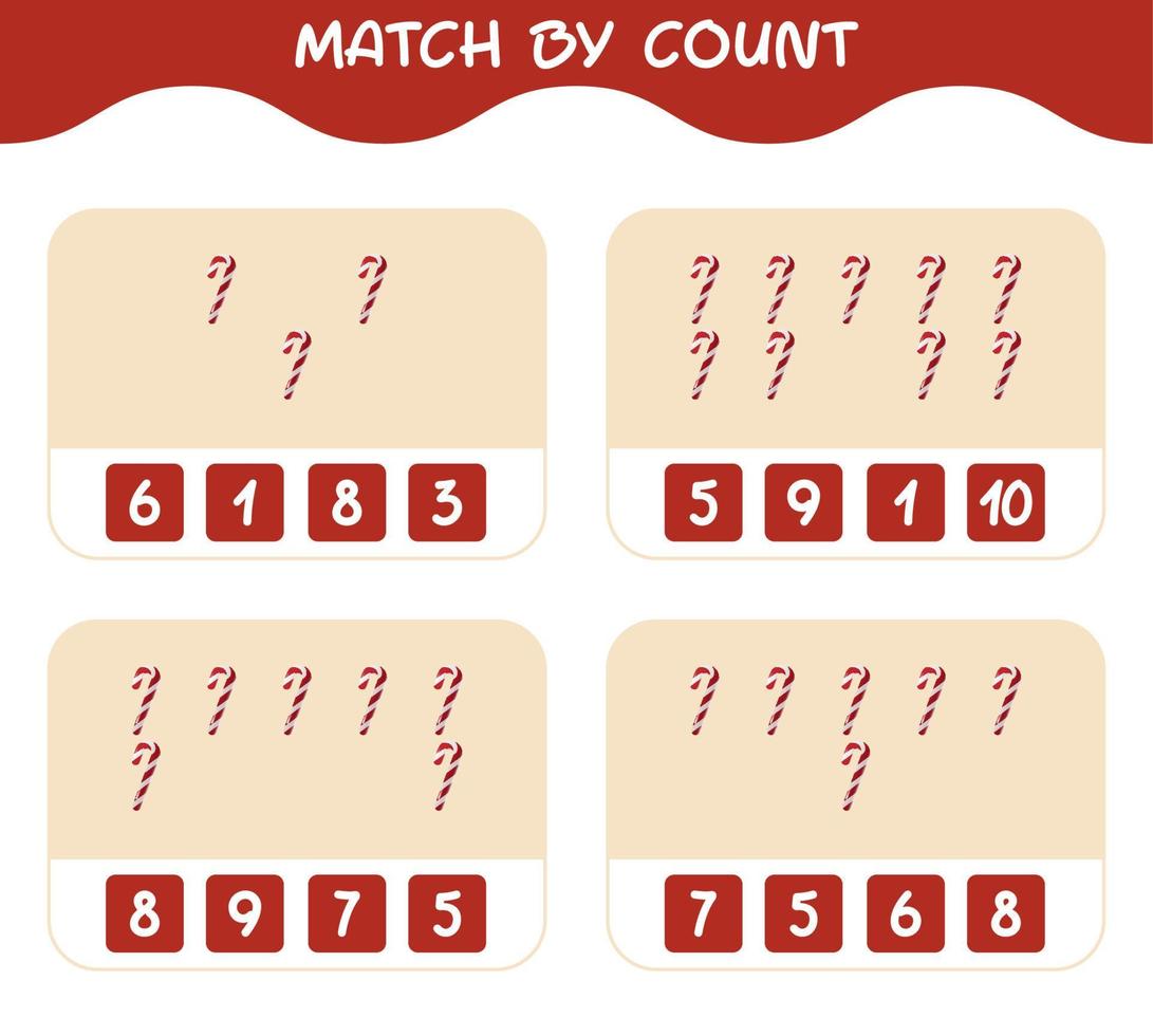 Match by count of cartoon candy cane. Match and count game. Educational game for pre shool years kids and toddlers vector