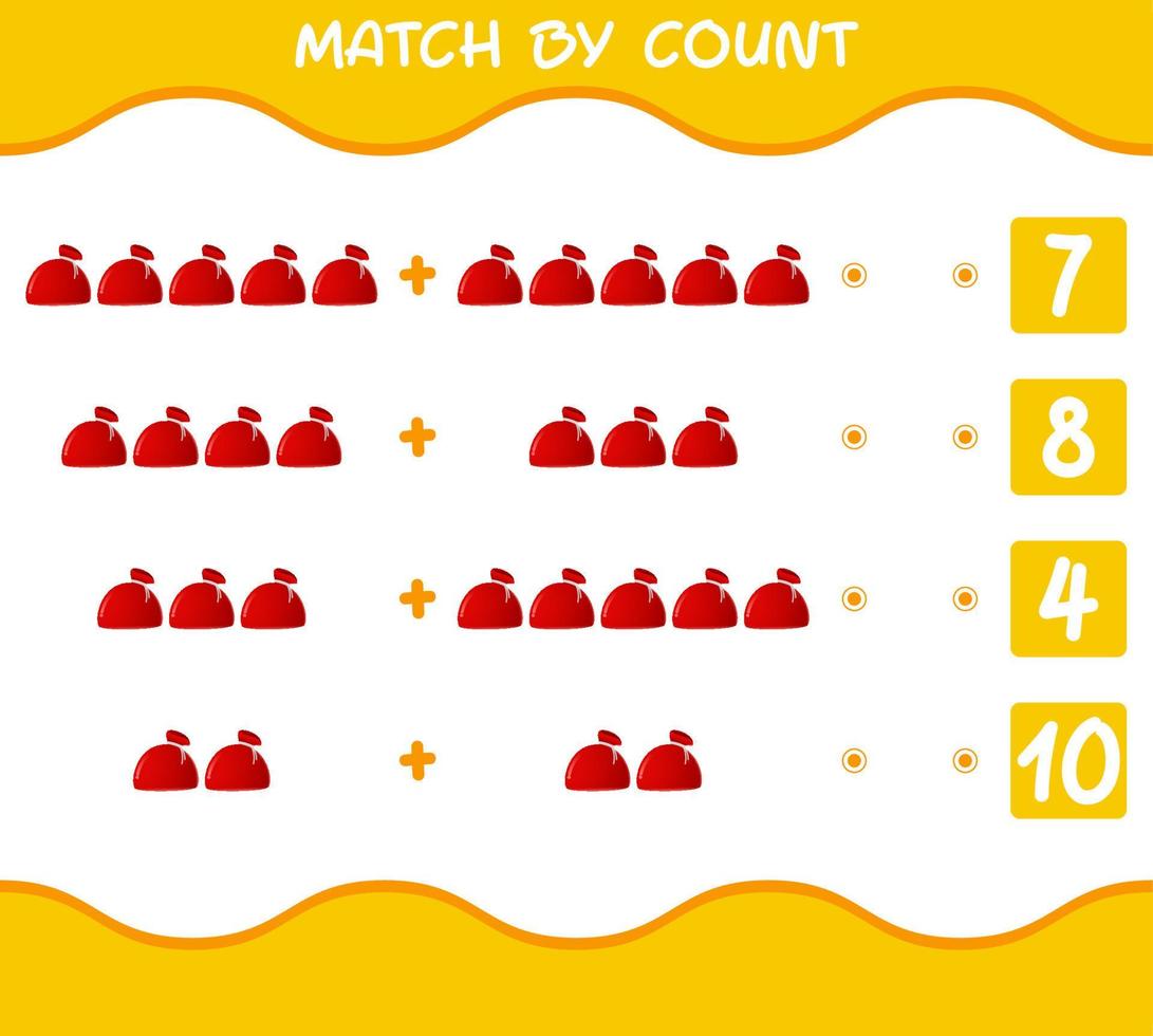 Match by count of cartoon santa bag. Match and count game. Educational game for pre shool years kids and toddlers vector