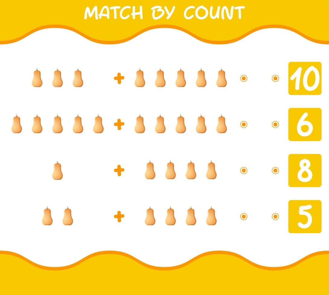 Match by count of cartoon butternut squash. Match and count game. Educational game for pre shool years kids and toddlers vector