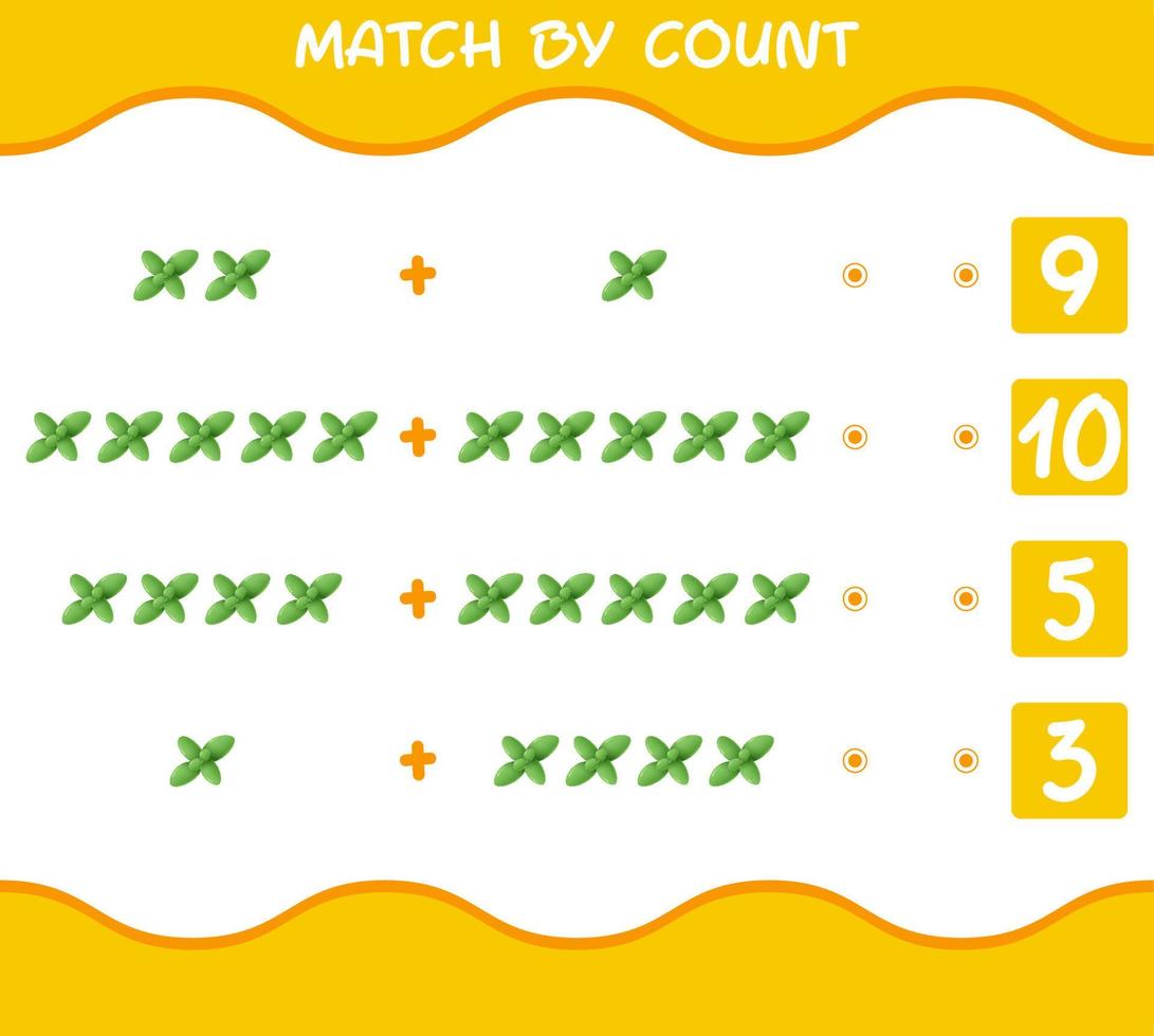 Match by count of cartoon mint leaf. Match and count game. Educational game for pre shool years kids and toddlers vector