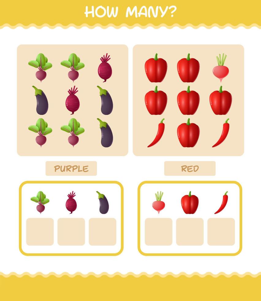 cuántas verduras de dibujos animados. juego de conteo juego educativo para niños de edad preescolar y niños pequeños vector