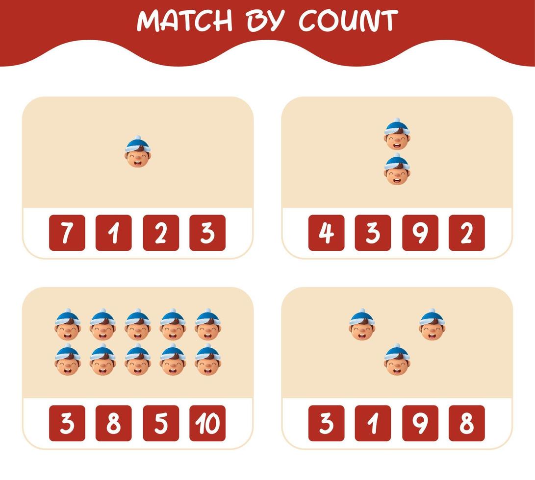 Match by count of cartoon boys. Match and count game. Educational game for pre shool years kids and toddlers vector