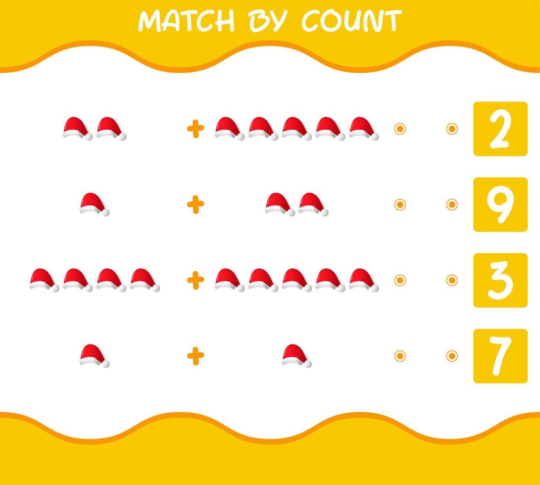 Match by count of cartoon santa hat. Match and count game. Educational game for pre shool years kids and toddlers vector