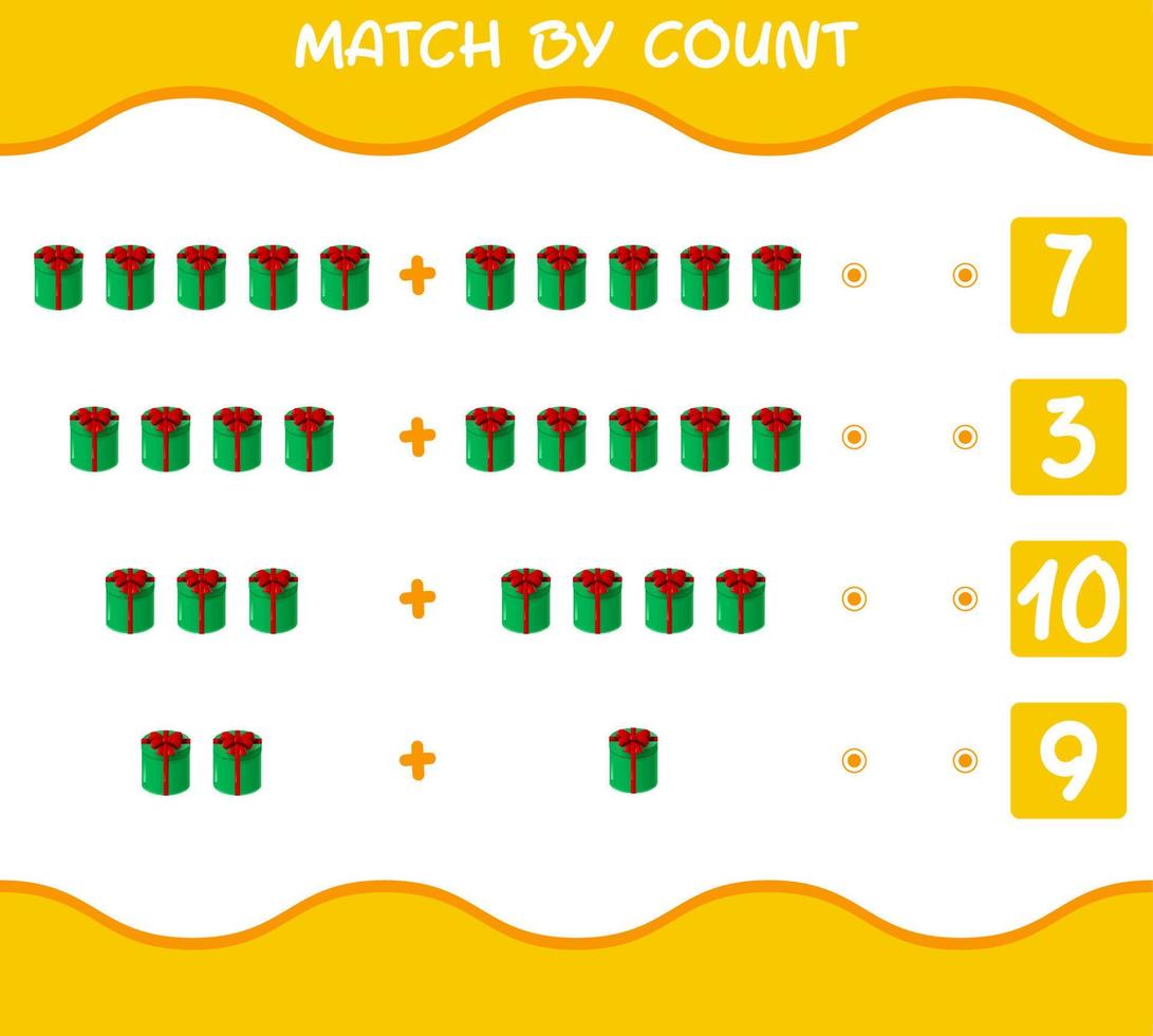 Match by count of cartoon gift box. Match and count game. Educational game for pre shool years kids and toddlers vector