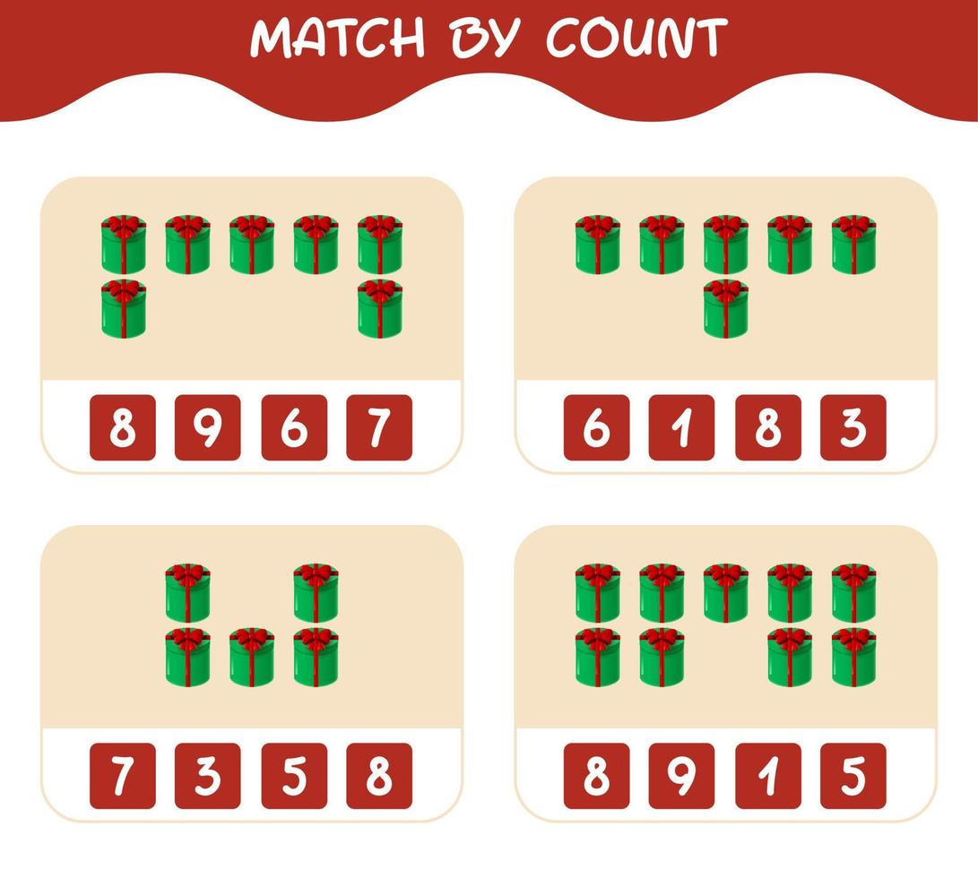 Match by count of cartoon gift box. Match and count game. Educational game for pre shool years kids and toddlers vector