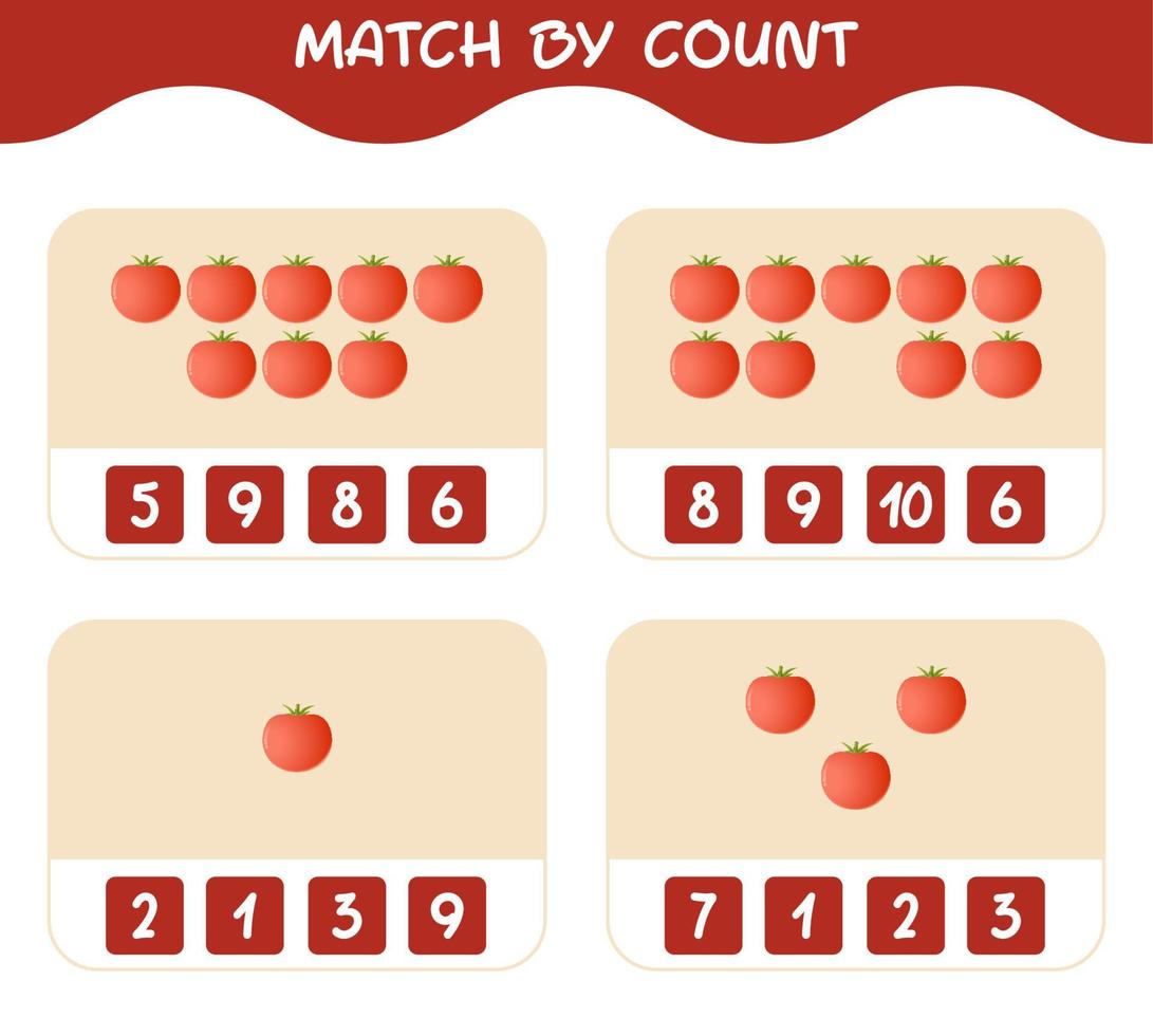 Match by count of cartoon tomato. Match and count game. Educational game for pre shool years kids and toddlers vector