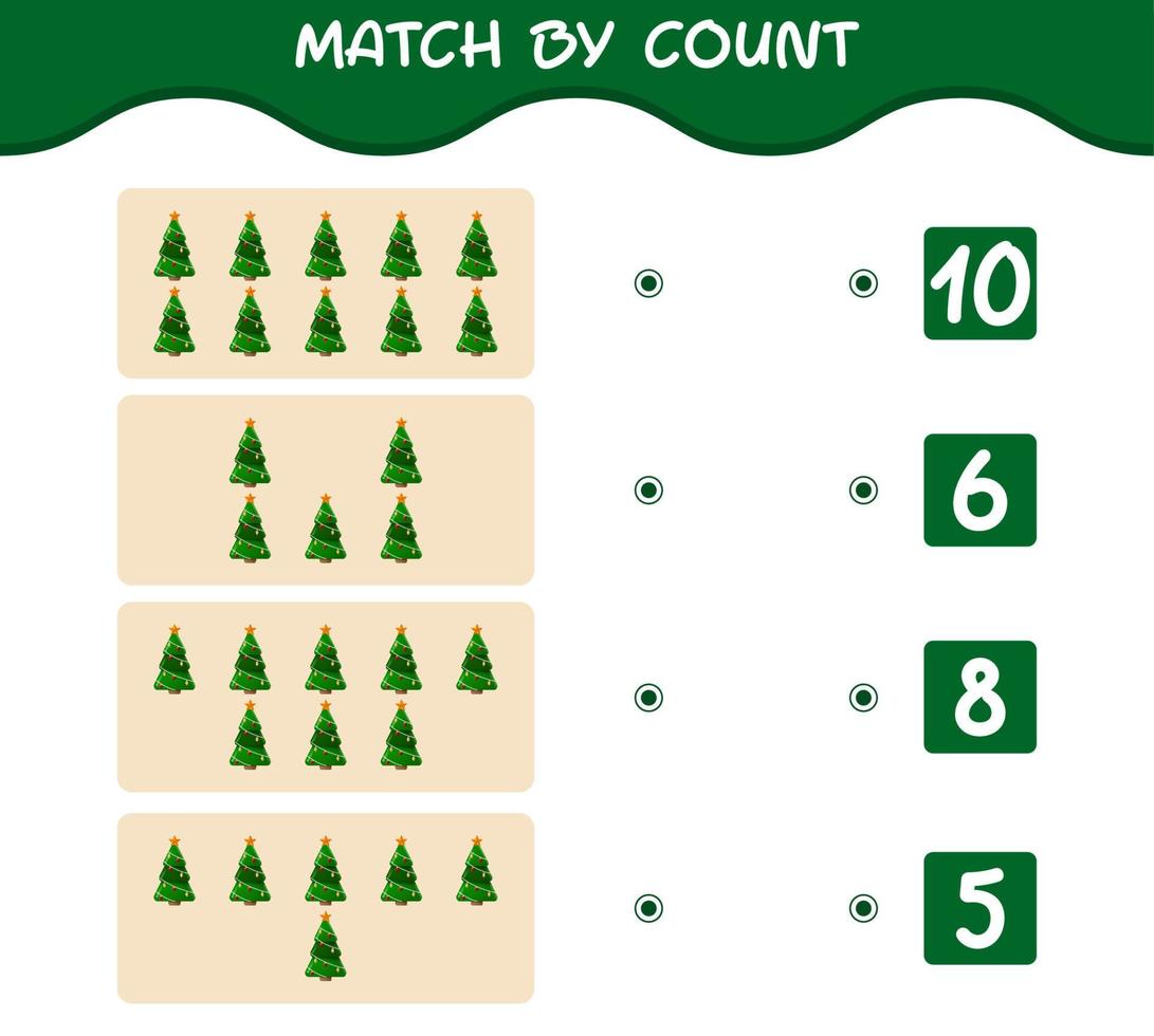 Match by count of cartoon christmas tree. Match and count game. Educational game for pre shool years kids and toddlers vector