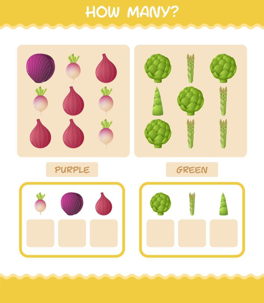 cuántas verduras de dibujos animados. juego de conteo juego educativo para niños de edad preescolar y niños pequeños vector