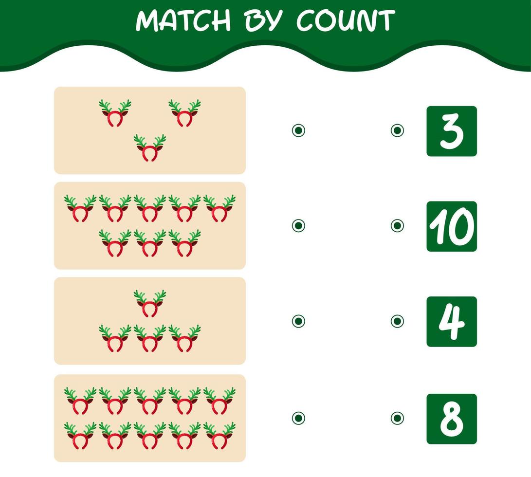 Match by count of cartoon antlers headband. Match and count game. Educational game for pre shool years kids and toddlers vector