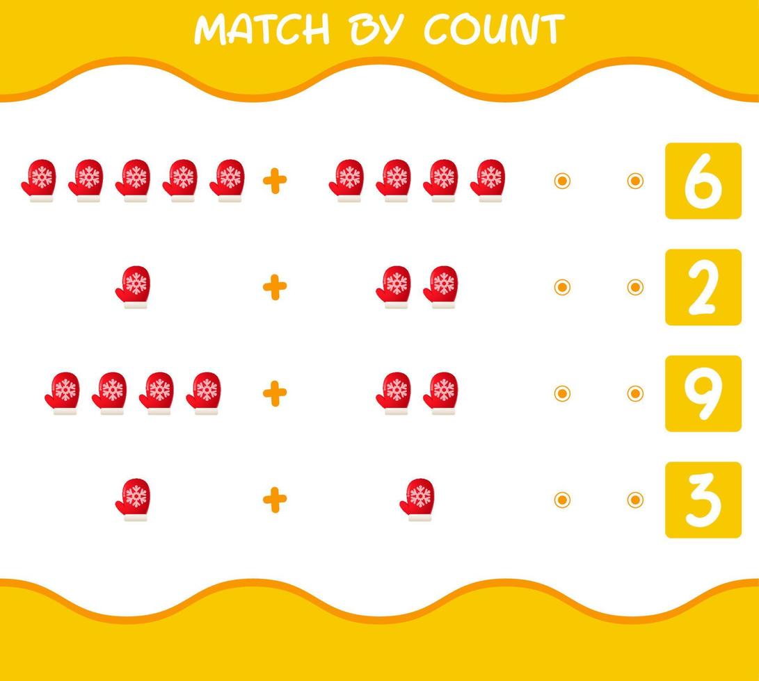 Match by count of cartoon mitten. Match and count game. Educational game for pre shool years kids and toddlers vector