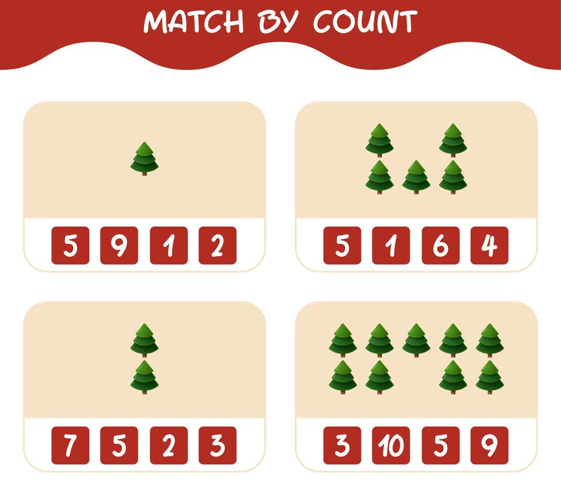 Match by count of cartoon pine tree. Match and count game. Educational game for pre shool years kids and toddlers vector