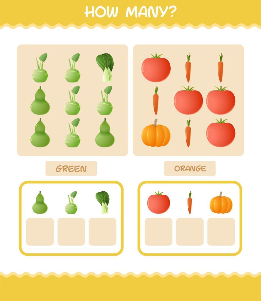 cuántas verduras de dibujos animados. juego de conteo juego educativo para niños de edad preescolar y niños pequeños vector