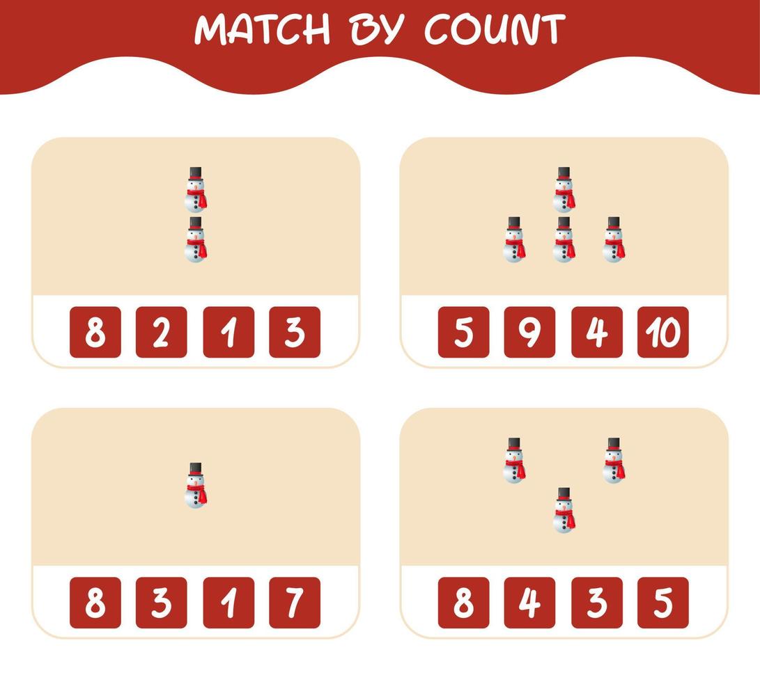 Match by count of cartoon snowman. Match and count game. Educational game for pre shool years kids and toddlers vector