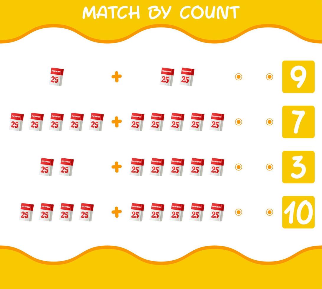 Match by count of cartoon calendar. Match and count game. Educational game for pre shool years kids and toddlers vector