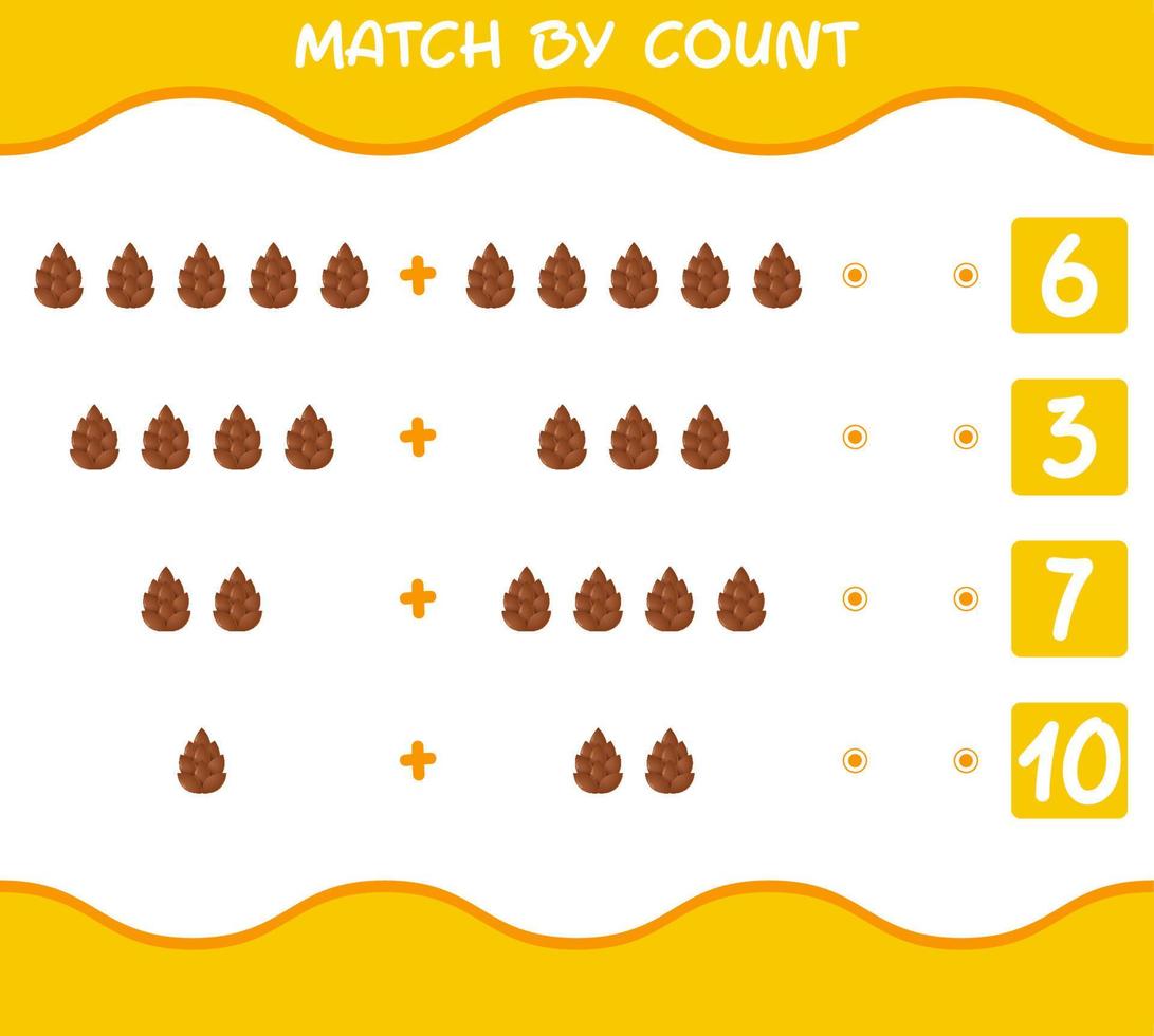 Match by count of cartoon pine cone. Match and count game. Educational game for pre shool years kids and toddlers vector