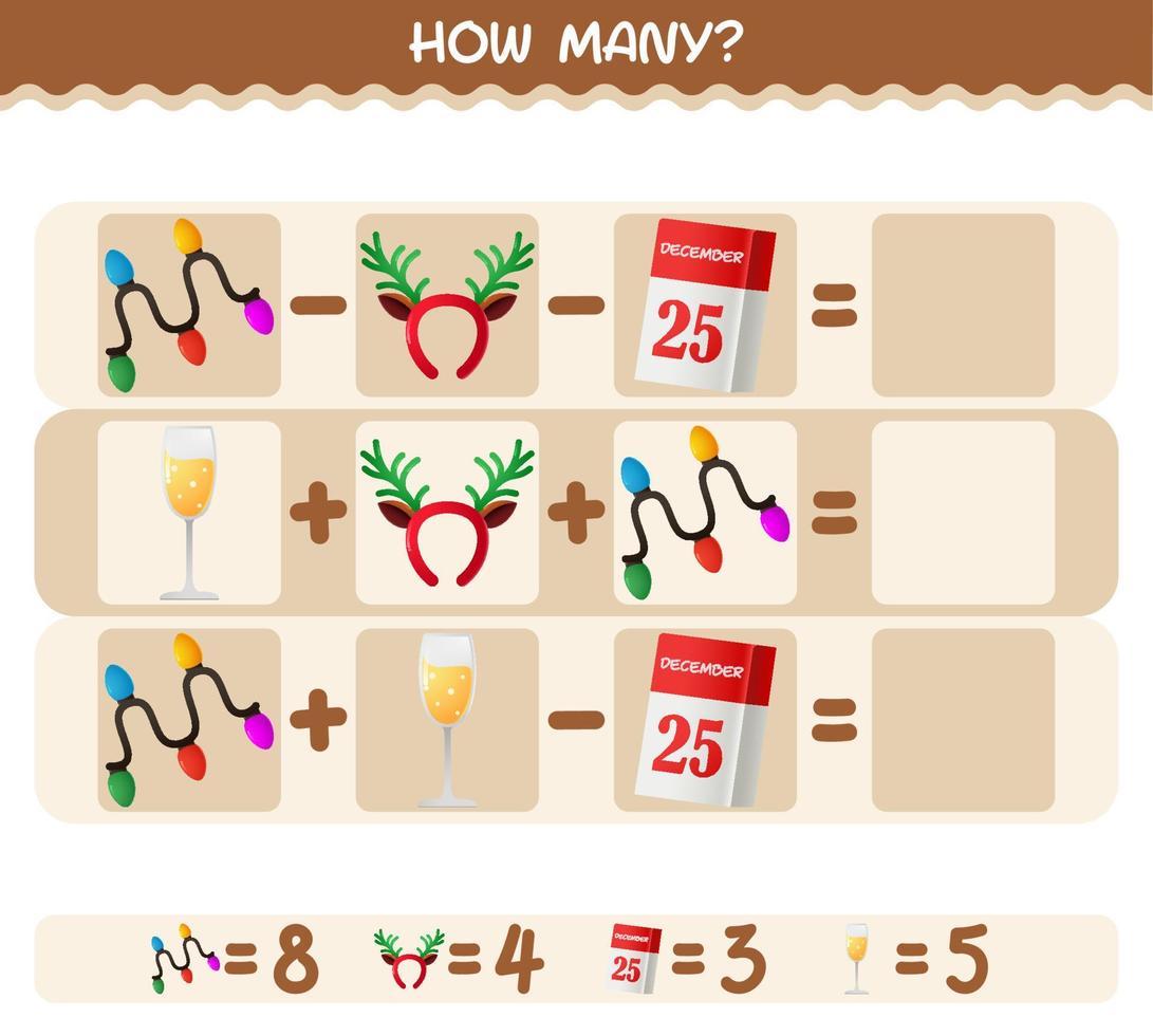 How many cartoon christmas. Counting game. Educational game for pre shool years kids and toddlers vector