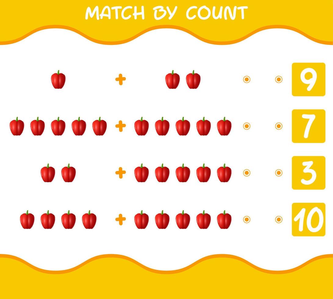 Match by count of cartoon bell pepper. Match and count game. Educational game for pre shool years kids and toddlers vector
