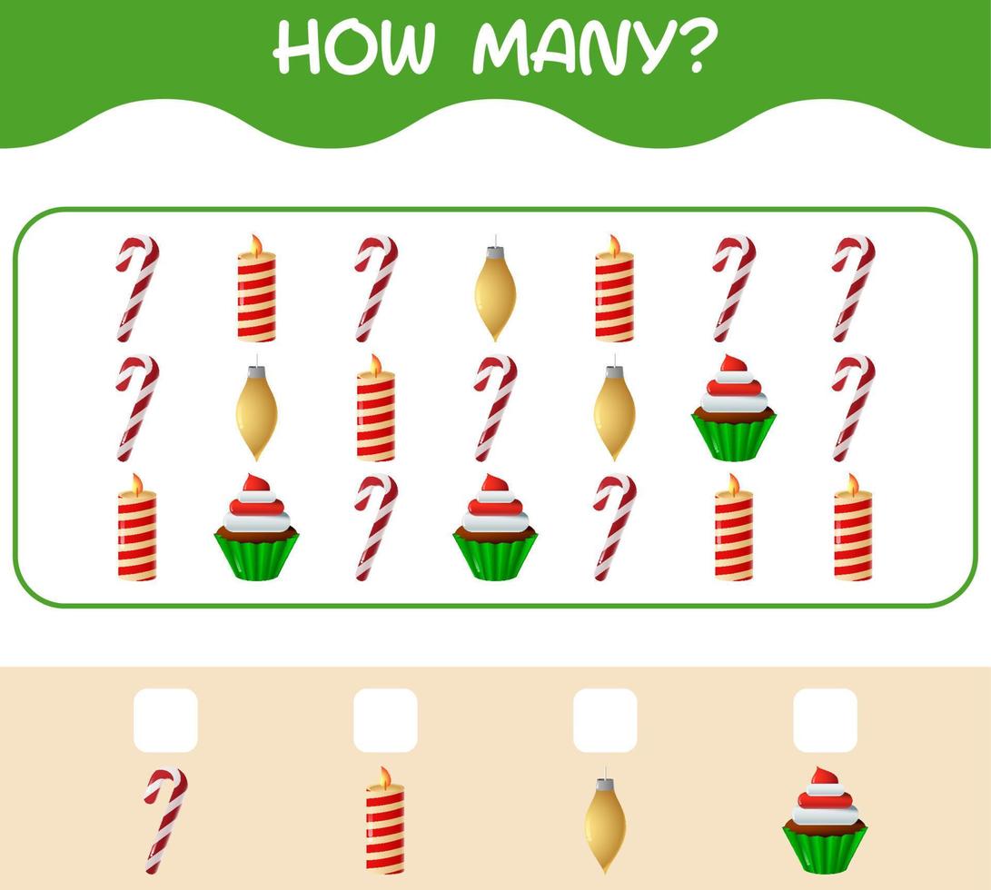 How many cartoon christmas. Counting game. Educational game for pre shool years kids and toddlers vector