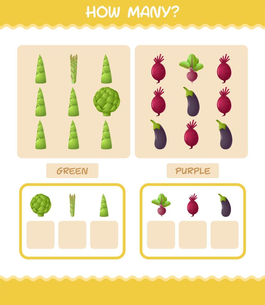 cuántas verduras de dibujos animados. juego de conteo juego educativo para niños de edad preescolar y niños pequeños vector