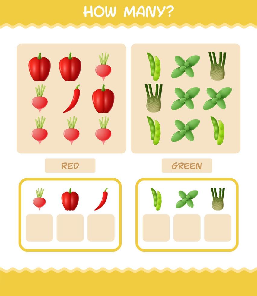 cuántas verduras de dibujos animados. juego de conteo juego educativo para niños de edad preescolar y niños pequeños vector