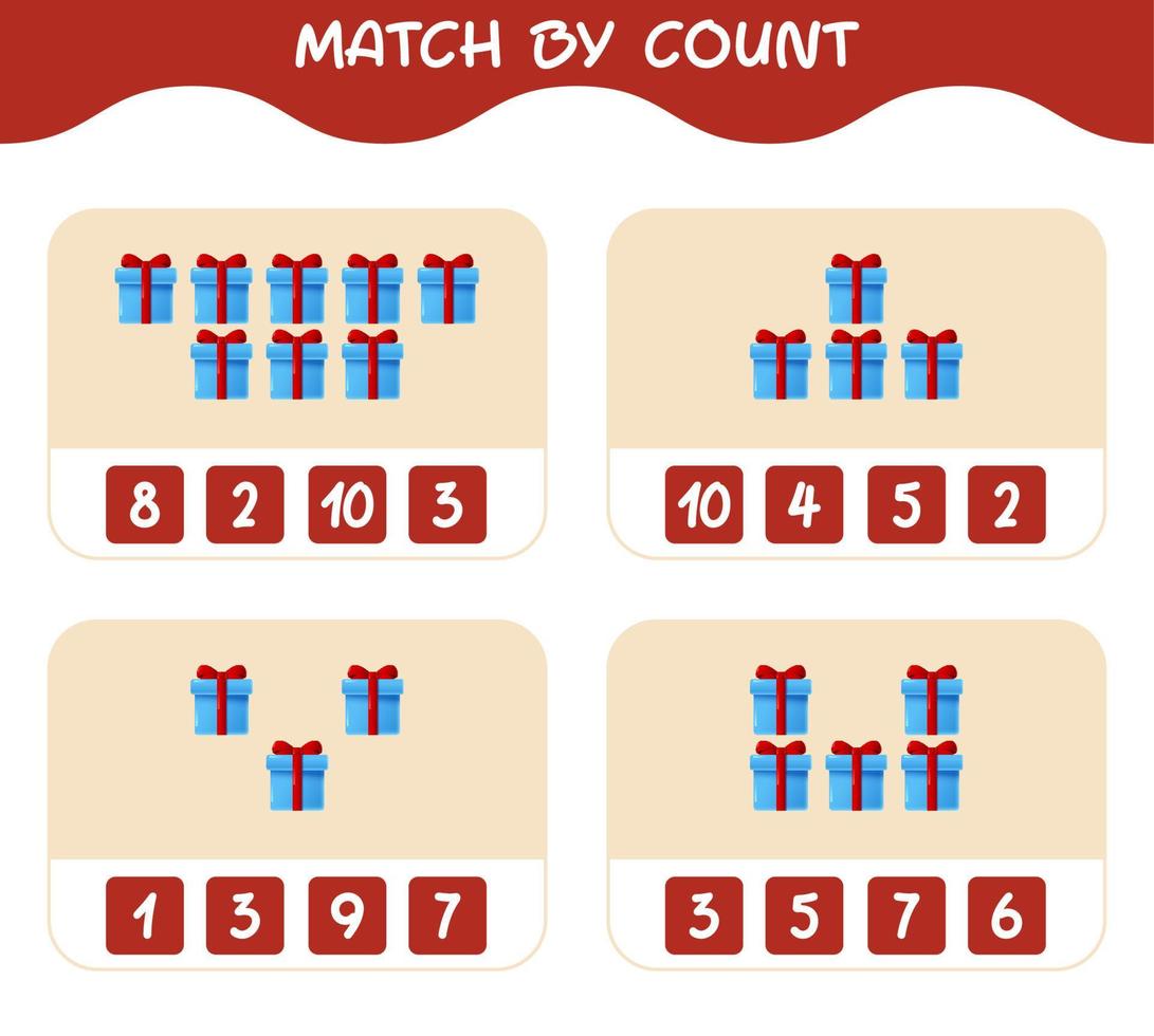 Match by count of cartoon gift box. Match and count game. Educational game for pre shool years kids and toddlers vector