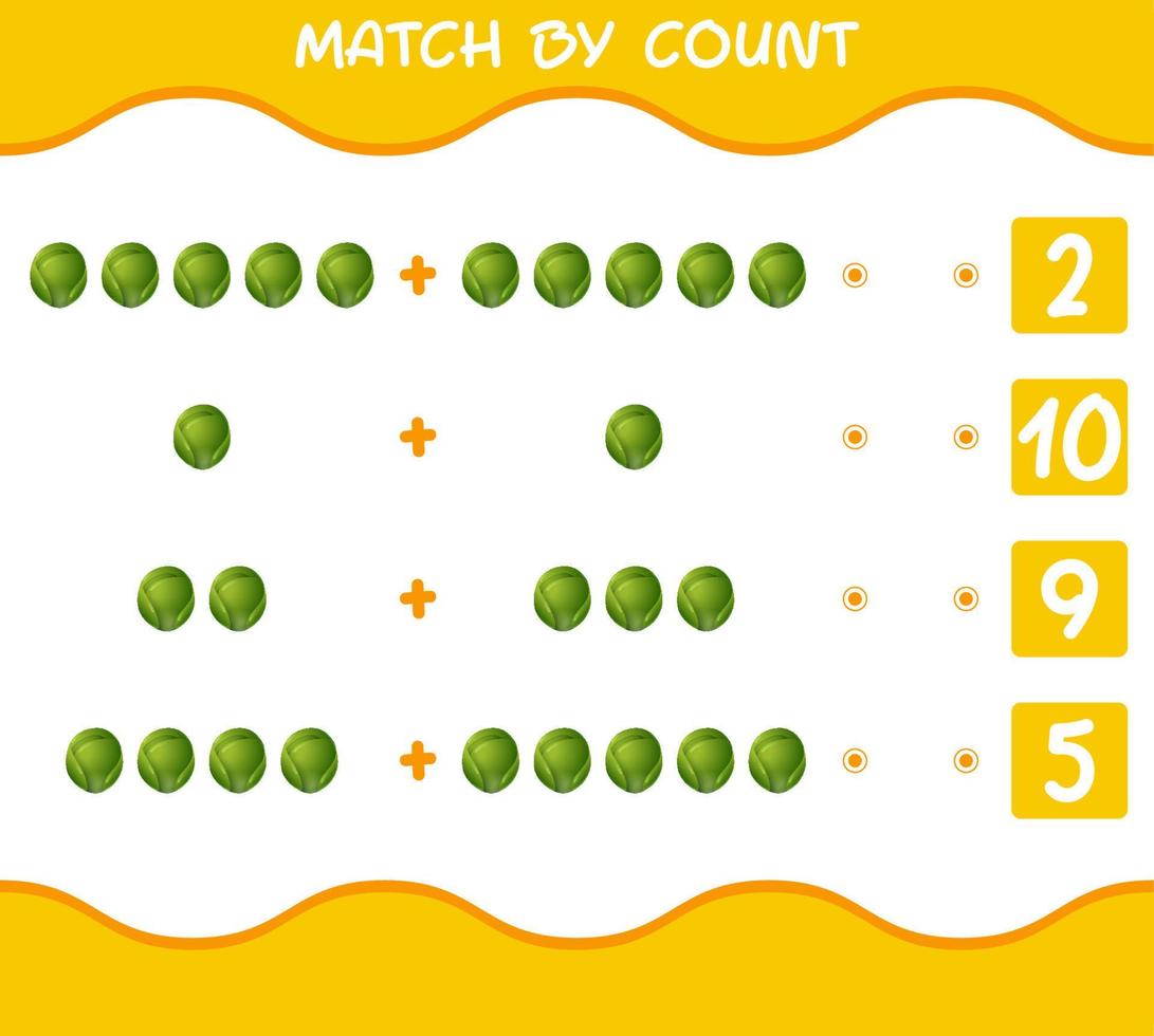 Match by count of cartoon brussels sprout. Match and count game. Educational game for pre shool years kids and toddlers vector